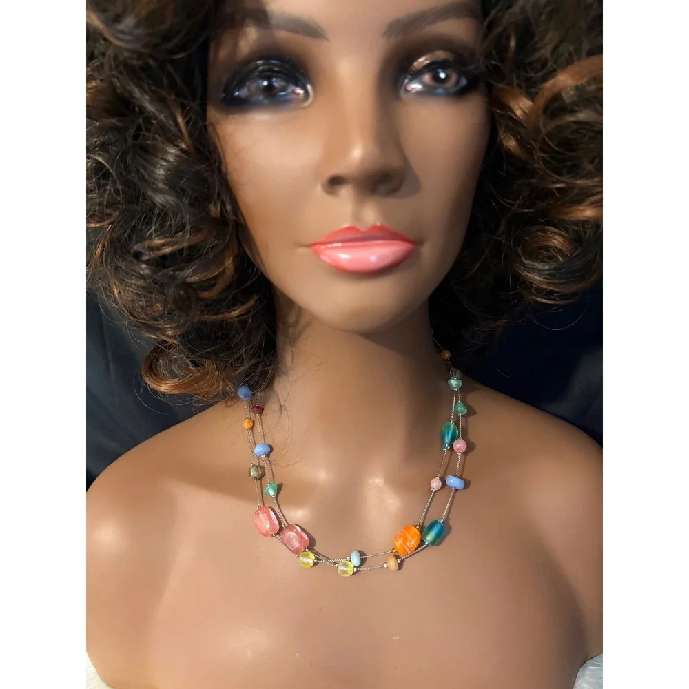 Lia Sophia Multi Color Bead Station Necklace Silver Tone Long 38 Inch Boho